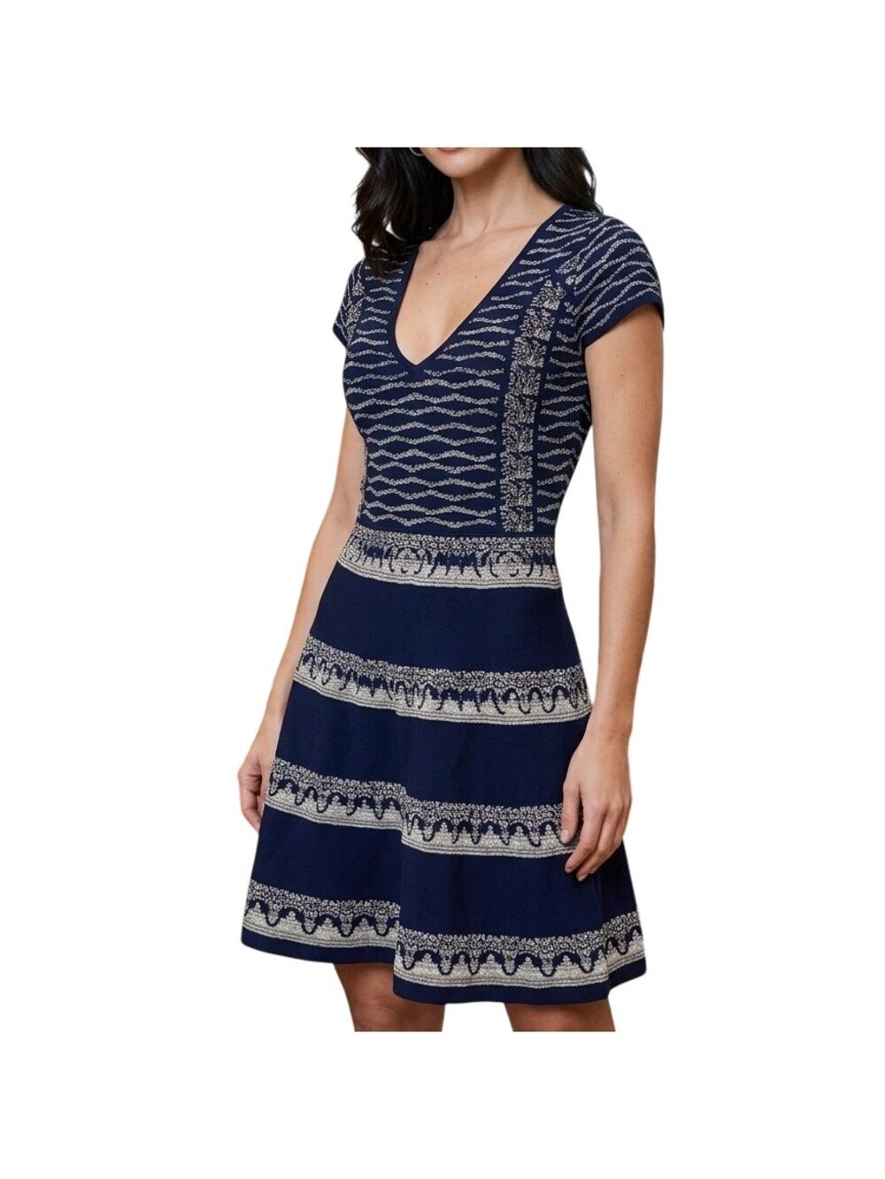 WOW Couture Metallic Knit Fit & Flare Dress Women's XL Navy Gold Cap Sleeve